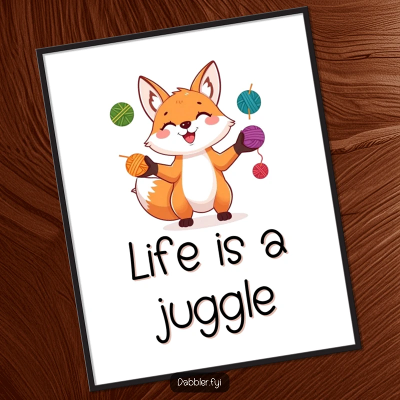 Funny Fox Digital Art Print: A playful fox grins while juggling colorful yarn balls, bringing energetic and humorous art to any space.