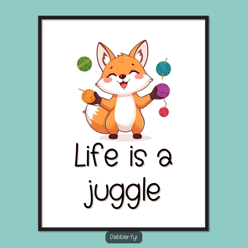 Funny Fox Juggler Digital Print: Playful Character Juggling Colorful Yarn Balls with a Grin