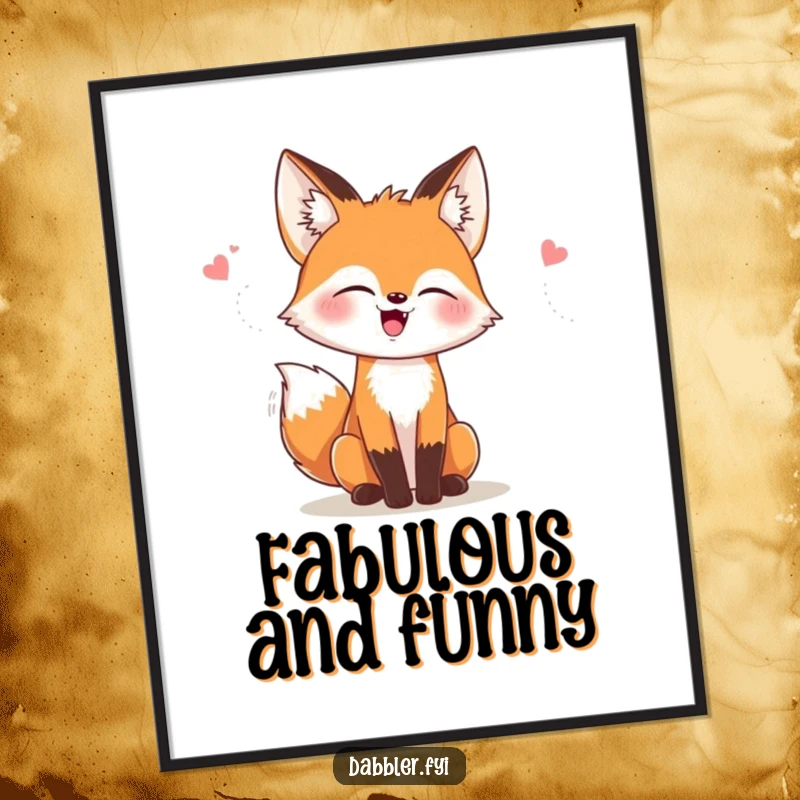 Funny digital art print of a giggling fox trying on stylish hats and accessories, perfect for instant decor and a funny gift.