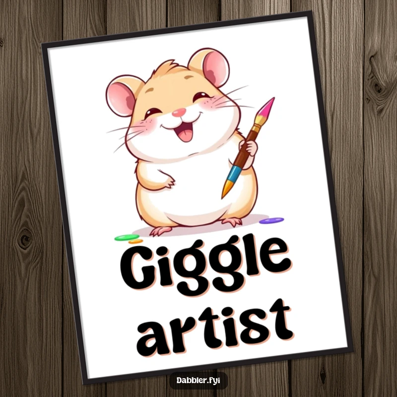 Funny hamster digital art print of a giggling hamster gleefully trying a new paintbrush, downloadable funny gift.