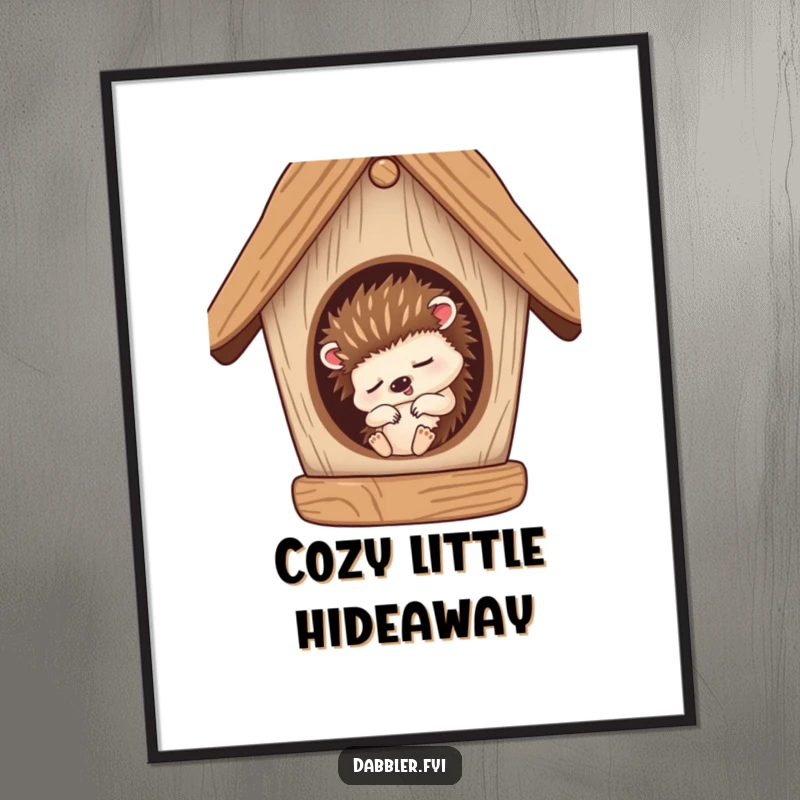 Funny Digital Art Print: A sleepy hedgehog character snoozing inside a half-finished birdhouse, cozy art.