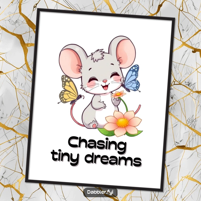 Funny Mouse Digital Art: Smiling mouse happily observing a butterfly on a flower, a humorous and joyful artwork for instant download.