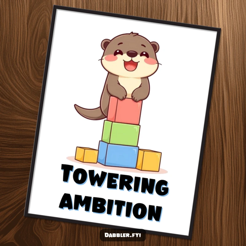 Funny Digital Art Print: A delighted otter character balancing a tower of colorful building blocks, playful art.