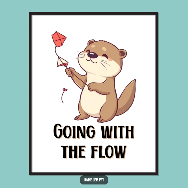 Funny Otter Kite Flyer Digital Print: Determined Character Flying a Handmade Kite