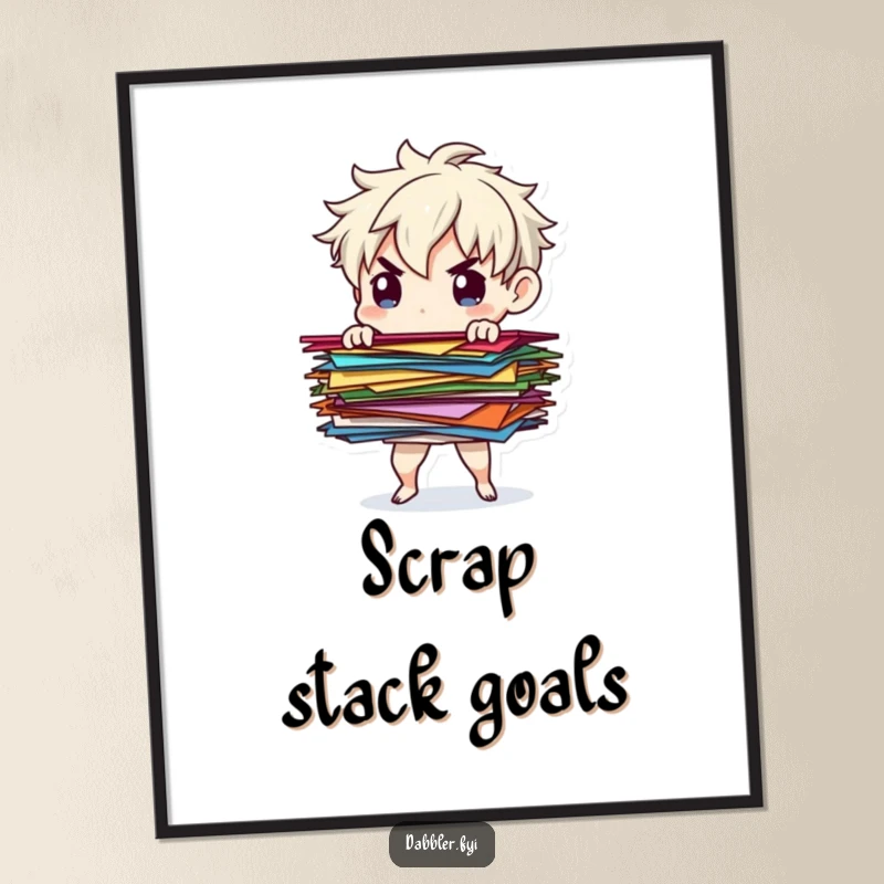 Funny paper balancer digital art print of a determined character balancing colorful paper scraps, perfect for organized and humorous displays.