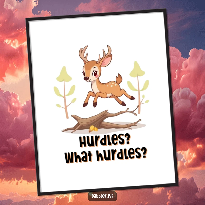 Funny perky deer digital art print, showing a deer playfully leaping over a small branch, for instant decor.