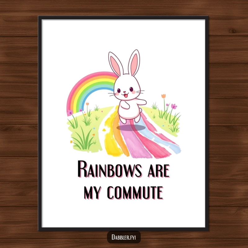 Funny Digital Art Print: A happy rabbit skips along a freshly painted rainbow path, a vibrant and joyful piece of art.
