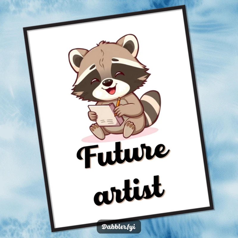 Funny Raccoon Digital Art: A gleeful raccoon character enthusiastically sketches in a small notebook, a downloadable print full of artistic humor.
