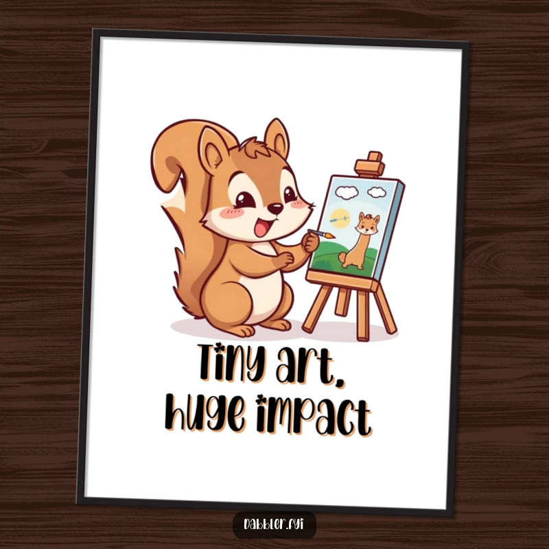 Funny Squirrel Digital Art Print: A cheerful squirrel excitedly paints a tiny picture, bringing humorous and inspiring art to any room.
