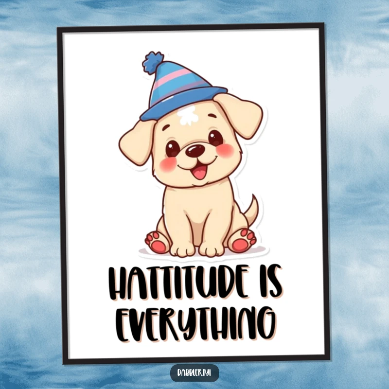 Funny digital art print of a happy puppy wearing a colorful, silly hat, perfect for instant decor and a funny gift.