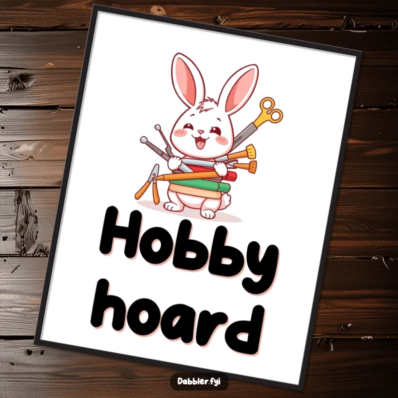Funny digital art print of a happy rabbit character enthusiastically balancing a stack of crafting tools, perfect for creative spaces.