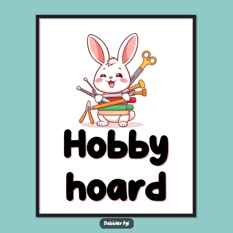 Funny Rabbit Crafter Digital Art: Whimsical Bunny Balancing Tools Print, Gift