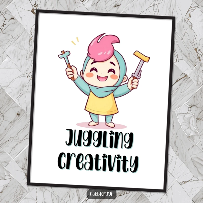 Funny crafter digital art print of a smiling character juggling crafting tools, perfect for inspiring and humorous displays.