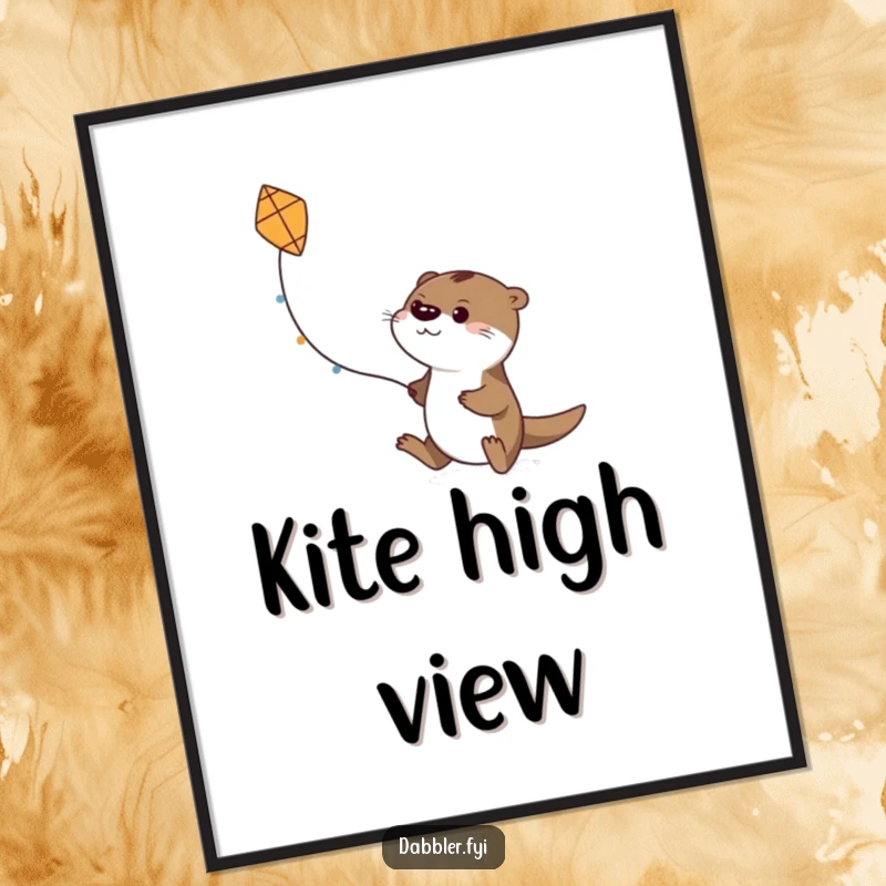 Funny digital art print of a determined otter character flying a small, handmade kite, perfect for adventurous spaces.