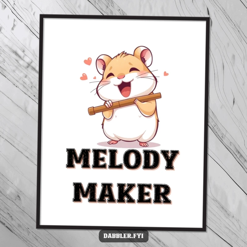 Funny digital art print of a delighted hamster character playing a miniature flute with joyful abandon, perfect for music-themed spaces.