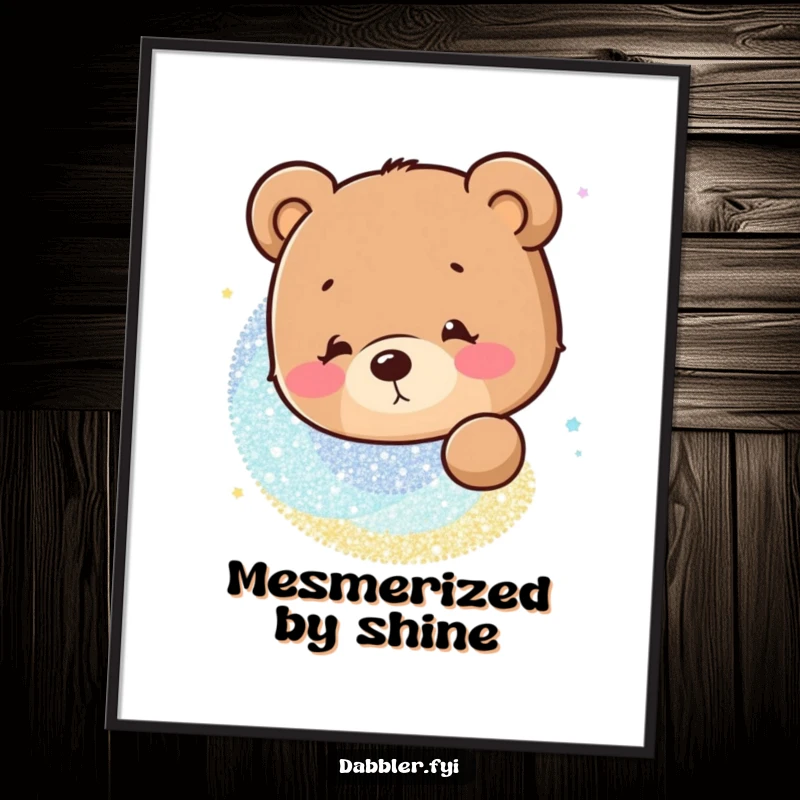 Funny Digital Art Print: A curious bear character fixated on a dazzling swirl of glitter, wall art.