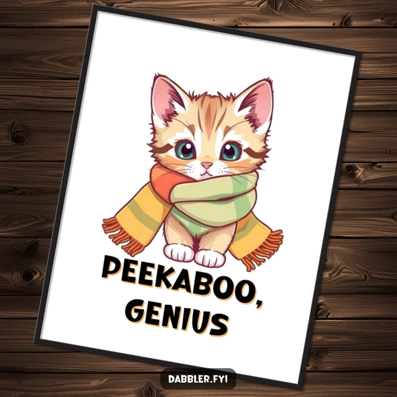 Funny digital art print of a curious kitten peeking from a colorful scarf, perfect for instant decor and a funny gift.