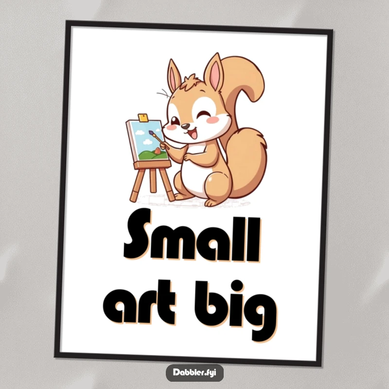 Funny digital art print of a cheerful squirrel character excitedly painting a tiny picture, perfect for creative spaces.