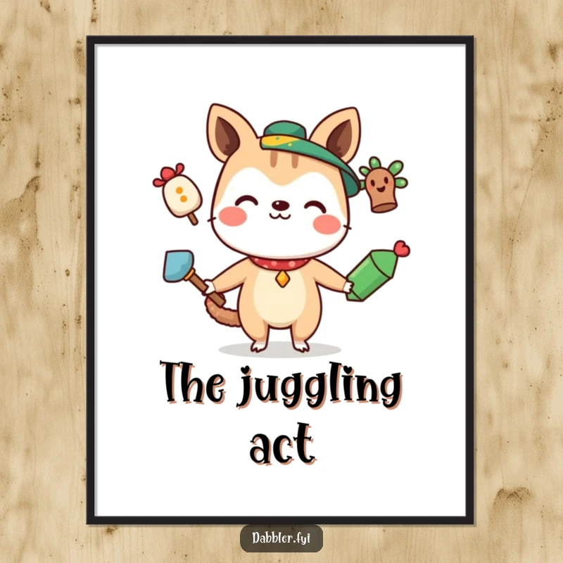 Funny Digital Art Print of a curious animal character smiling while juggling three quirky items, perfect for adding humor and charm.