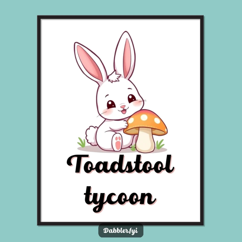 Funny Happy Bunny Poking Mushroom Art - Instant Woodland Download