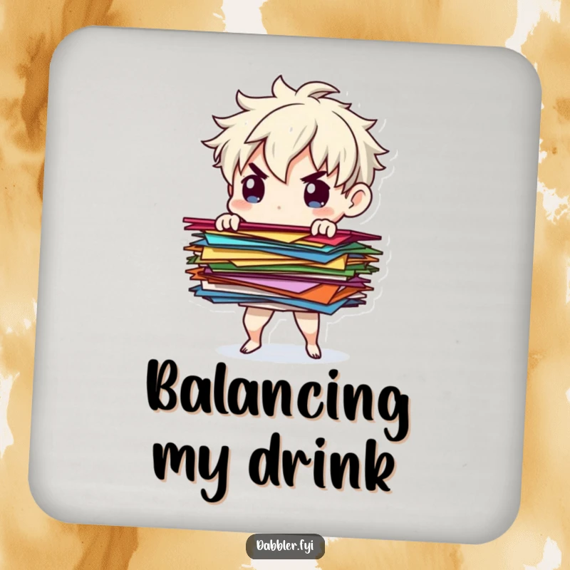 Funny paper balancer coaster featuring a determined character balancing colorful paper scraps, adding charm and humorous order.