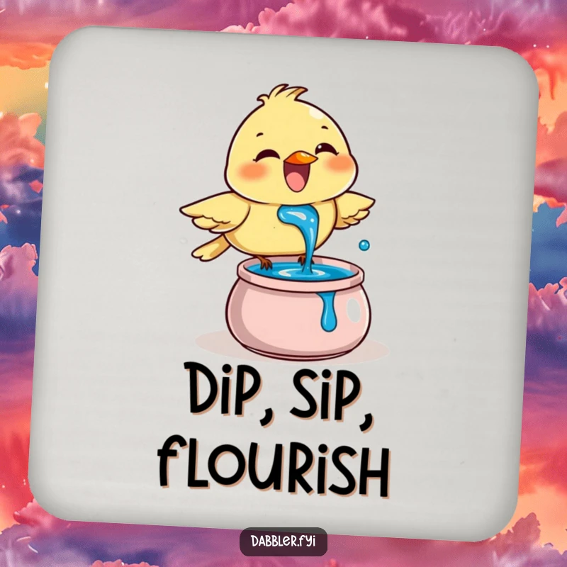 Funny Coaster: A joyful bird enthusiastically dips its beak into blue ink, adding artistic flair and surface protection.