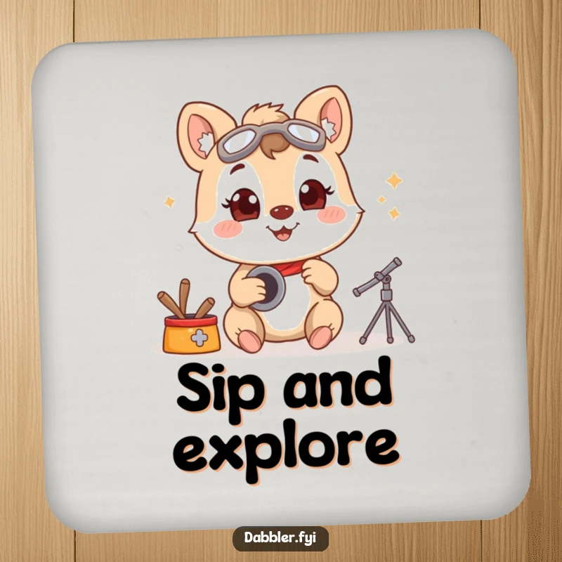 Funny drink coaster displaying a smiling animal character trying a new hobby with wide-eyed enthusiasm, protecting surfaces with humor.