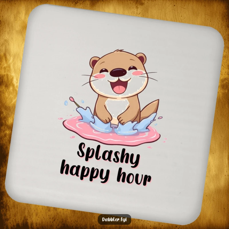 Funny otter coaster showing a cheerful otter splashing joyfully in a paint puddle, a cute funny gift.