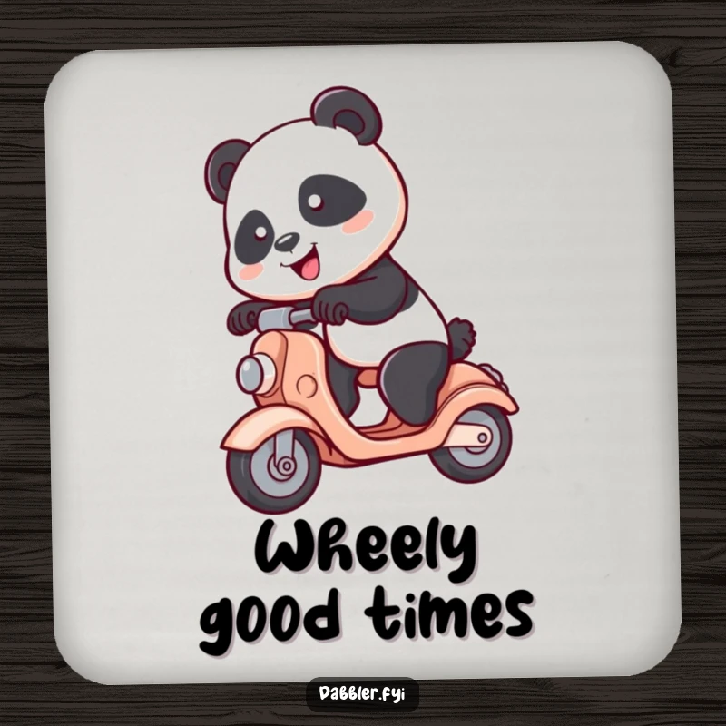 Funny Panda Coaster: A spunky panda character humorously rides a toy scooter, protecting surfaces with a smile.