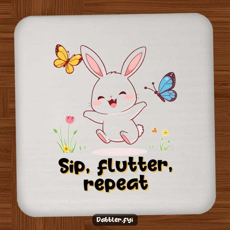 Funny coaster showing a joyful rabbit character enthusiastically following a fluttering butterfly, protecting surfaces with a smile.