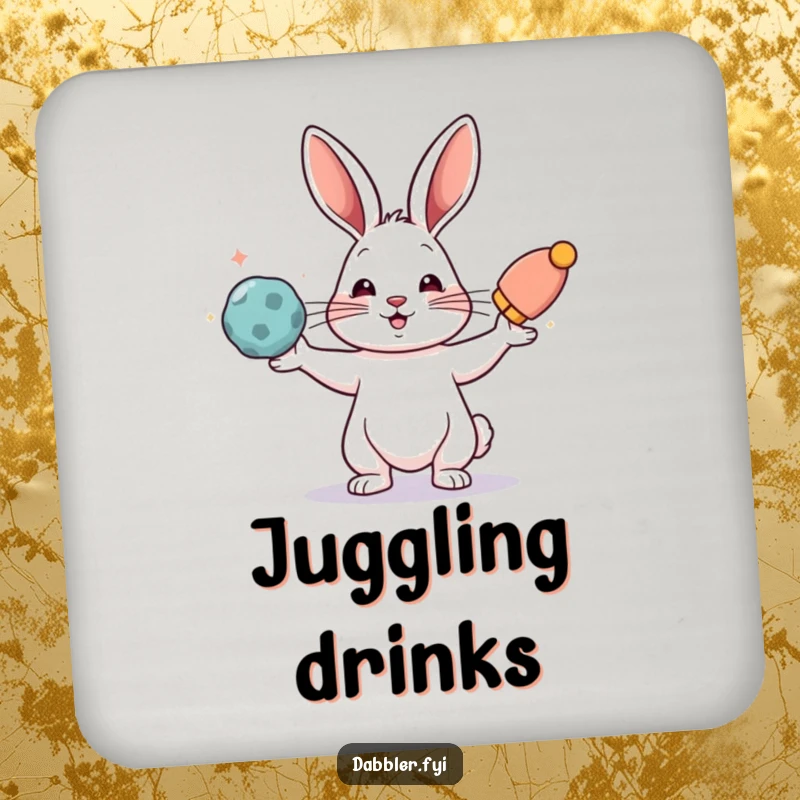 Funny coaster with a rabbit juggling colorful objects, protecting surfaces with artistry as a funny gift.