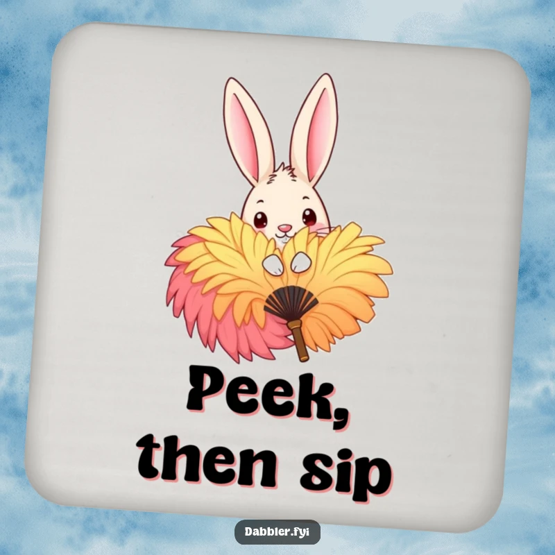 Funny Coasters featuring a mischievous rabbit peeking playfully behind a large, colorful feather fan, protecting surfaces with humor.