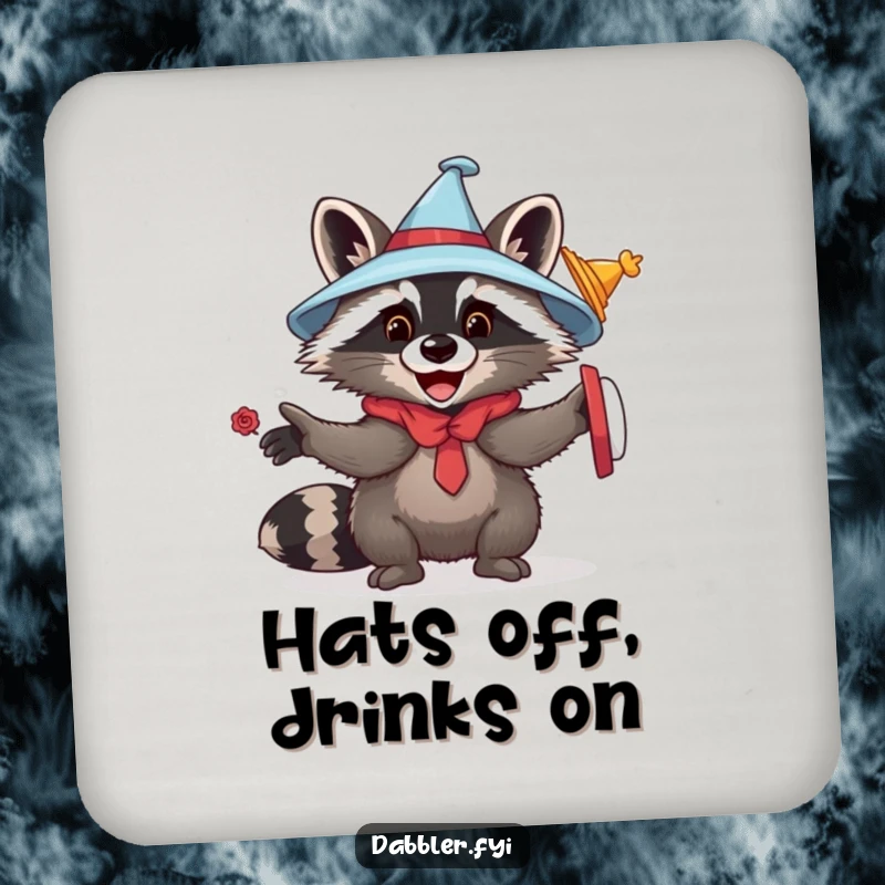 Funny raccoon hat drink coaster featuring a playful raccoon trying on different hats, adding humorous protection to drink surfaces.