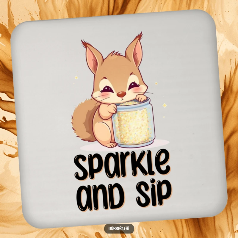 Funny squirrel coasters, curious squirrel peeking into glitter can, protecting surfaces with humor, set of coasters, funny gift.