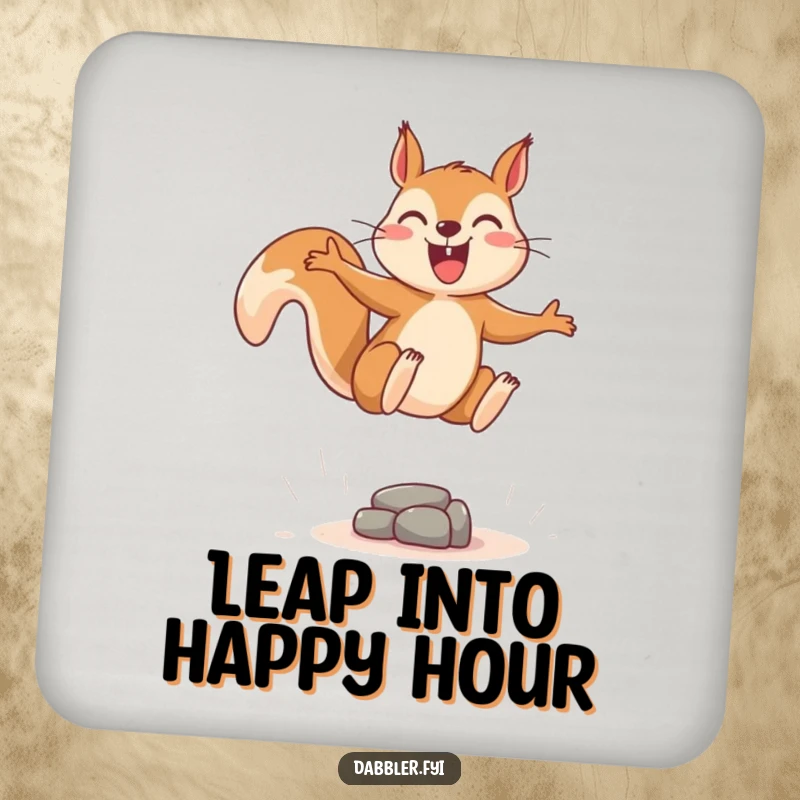 Funny drink coasters featuring a joyous squirrel leaping energetically over a tiny, imaginary obstacle, adding playful decor.