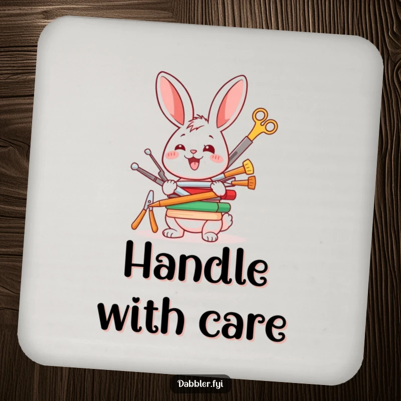 Funny drink coaster featuring a happy rabbit character balancing a stack of crafting tools, a charming and humorous accessory.