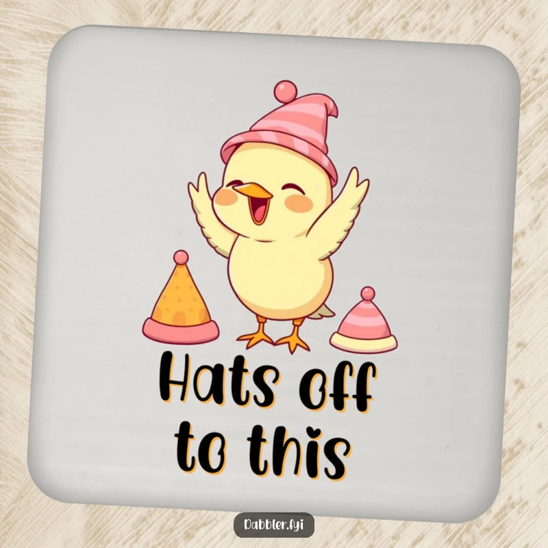 Funny bird coaster, featuring a bird trying on various small hats, protecting surfaces with charm.