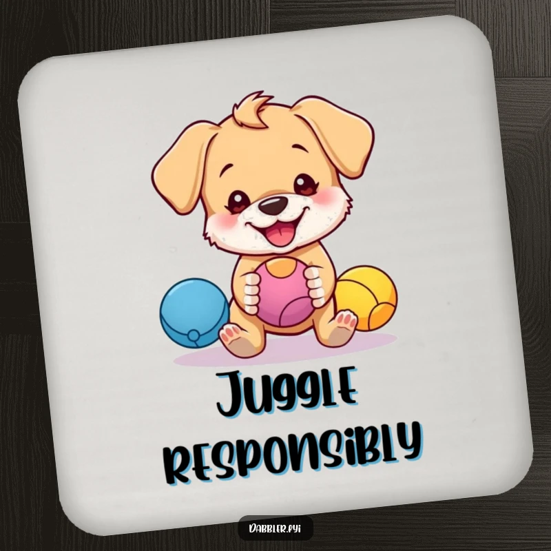 Funny drink coaster featuring a cute puppy character humorously juggling bright balls, protecting surfaces with funny charm.