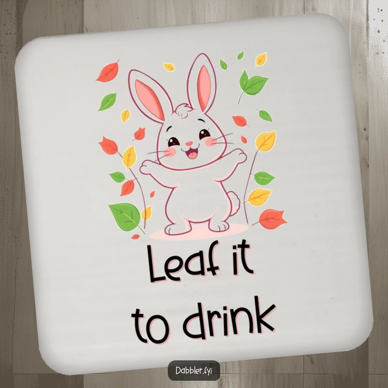 Funny rabbit coaster featuring a happy rabbit juggling colorful leaves, a small yet cheerful addition to any table.