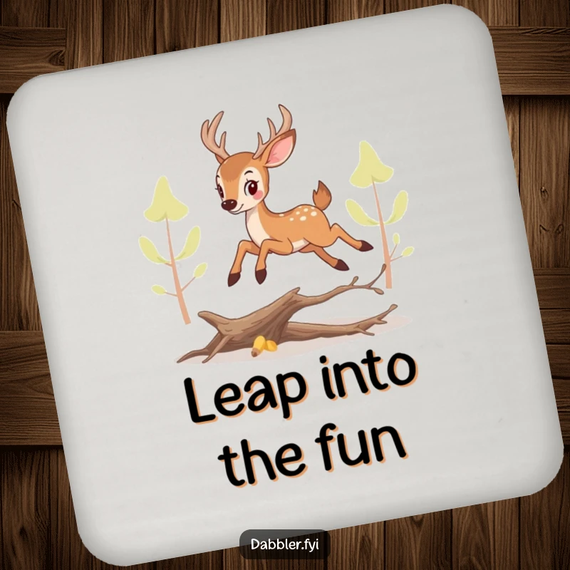 Funny perky deer coaster, depicting a whimsical leap over a branch, safeguarding surfaces with humor.
