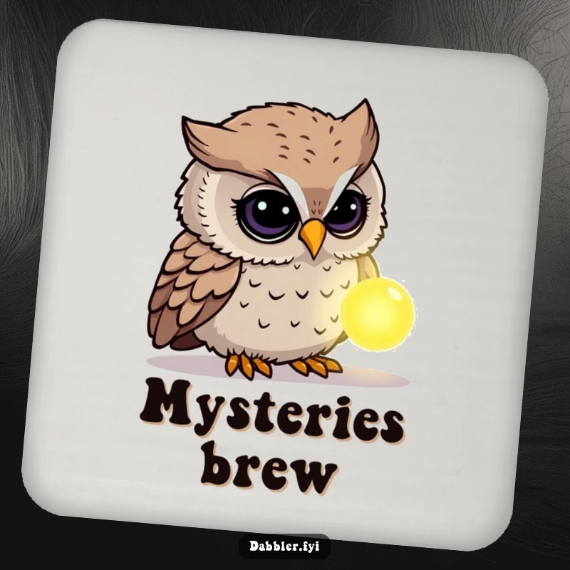 Funny Owl Coaster: A curious owl character inspects a glowing, mysterious object, protecting surfaces with humor and intrigue.