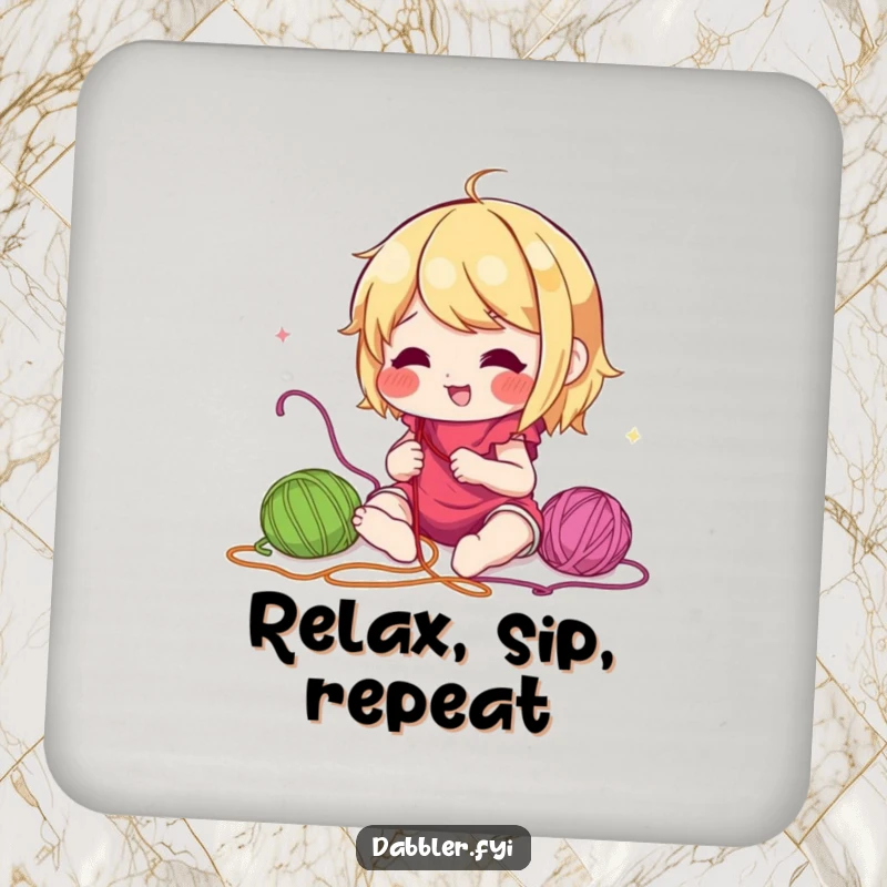 Funny drink coaster depicting a lively character enthusiastically experimenting with various colorful embroidery threads, adding a touch of crafting humor.