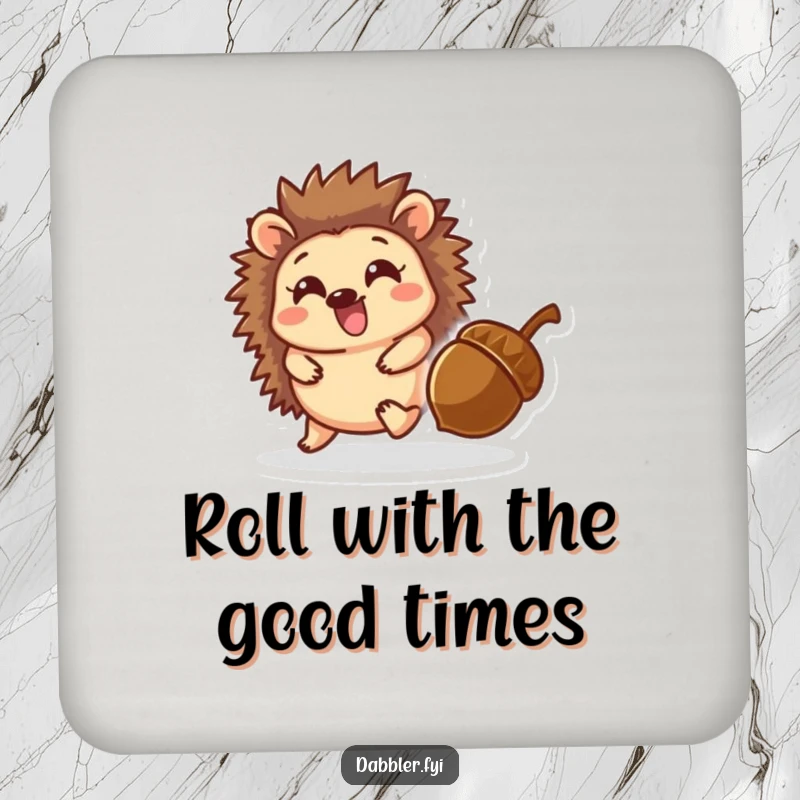 Funny coaster showing a delighted hedgehog character playfully chasing a rolling acorn, adding charm and protecting surfaces.