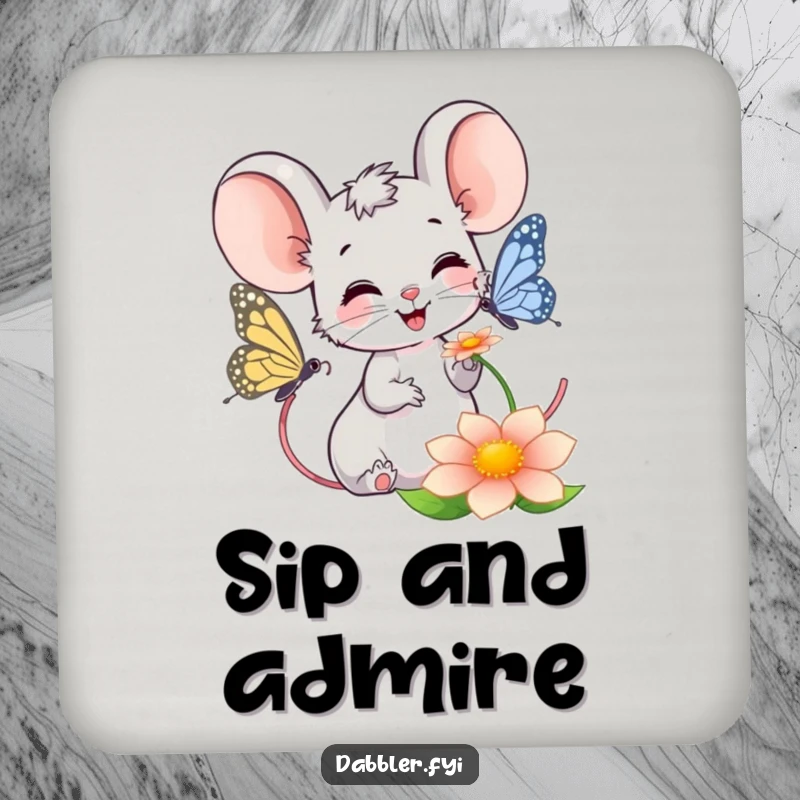 Funny Mouse Coaster: Smiling mouse observing a butterfly, offering surface protection with gentle, humorous charm.