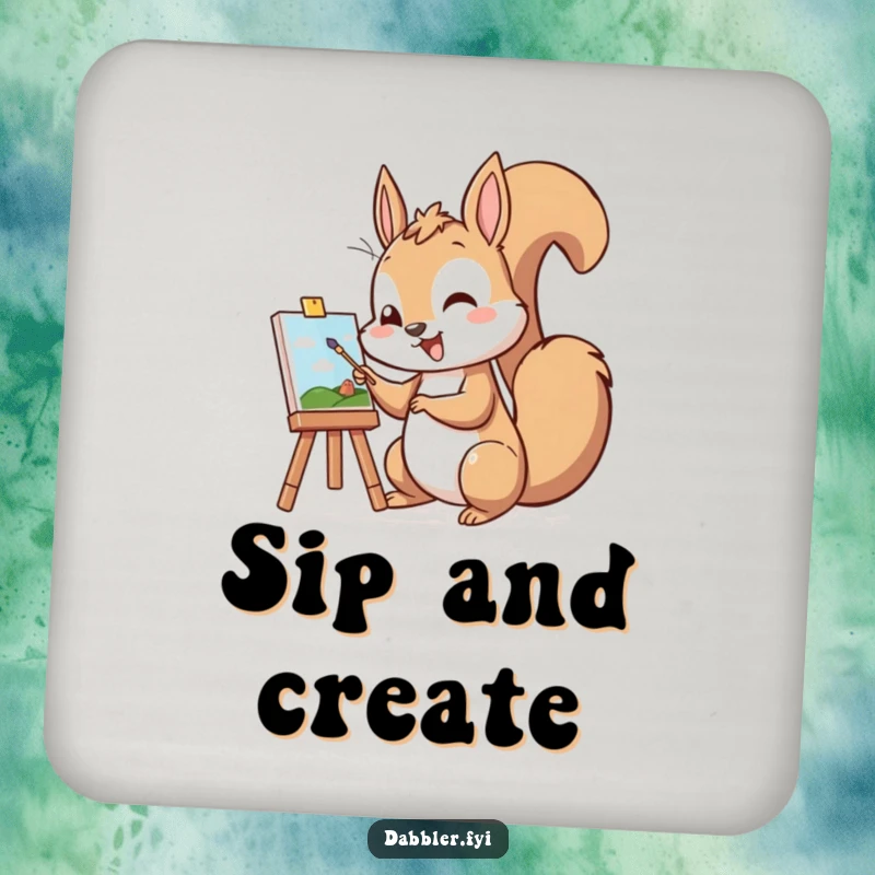 Funny drink coaster featuring a cheerful squirrel character excitedly painting a tiny picture, a charming and humorous accessory.