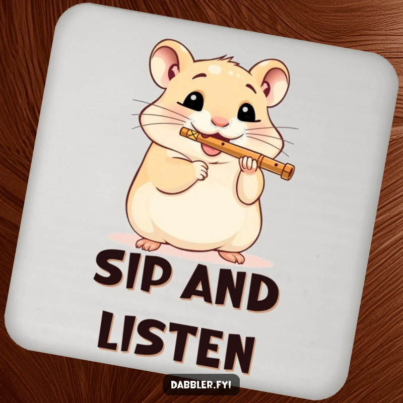 Funny Hamster Coaster: A delighted hamster plays a miniature flute, adding a touch of musical charm and protection to surfaces.