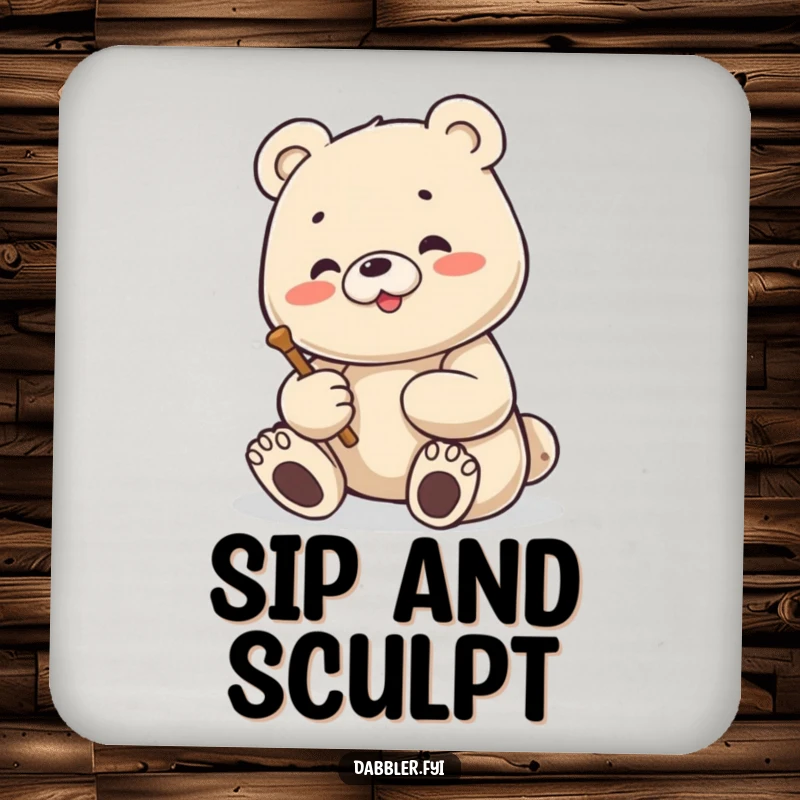 Funny Bear Coaster: Content bear enthusiastically sculpting a small figure, offering surface protection with humorous artistic style.