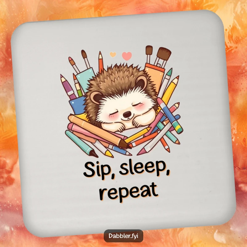 Funny Coaster: A contented hedgehog naps peacefully amongst colorful art supplies, bringing artistic calm and surface protection.