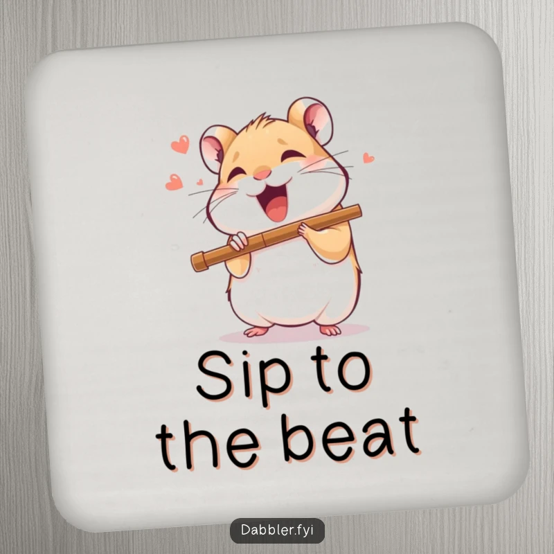 Funny drink coaster featuring a delighted hamster character playing a miniature flute with joyful abandon, a charming and humorous accessory.