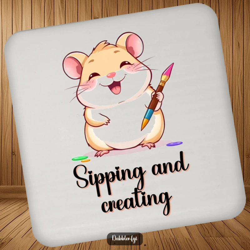 Funny hamster coaster showing a giggling hamster gleefully trying a new paintbrush, a cute funny gift.